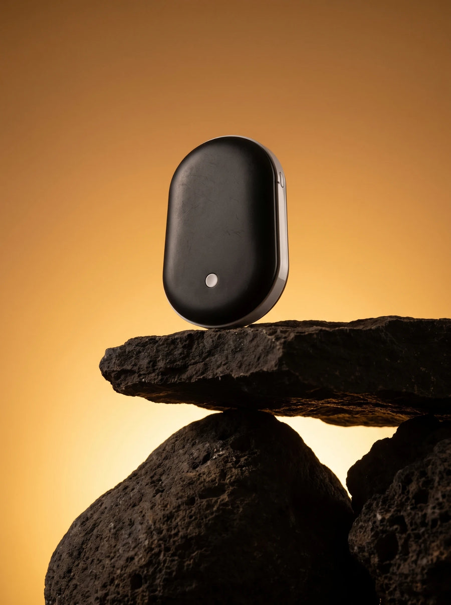 Calentador de manos Calore sobre unas rocas con luz anaranjada de fondo